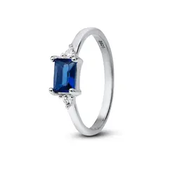 Anel Prata Solitário Zircônia Azul Retangular