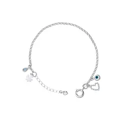 Pulseira Prata Leve Coração Olho Grego e Trevo