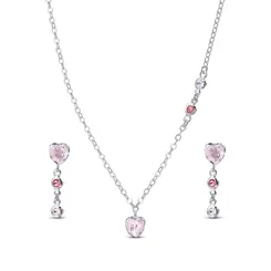 Conjunto Prata Leve Coração com Zircônia Rosa