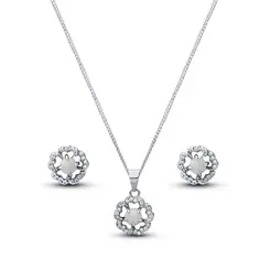 Conjunto Prata Rodinada Clássico Flor com Zircônia Furta Cor