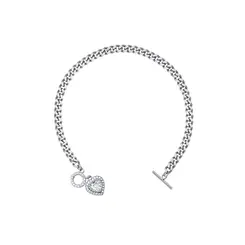 Pulseira Prata Rodinada Fecho T Coração Cravejado
