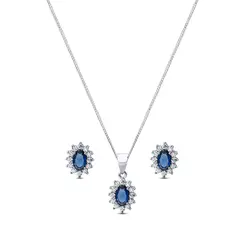 Conjunto Prata Rodinada Clássico Oval com Zircônia Azul