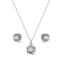 Conjunto Prata Rodinada Flor Cravejada com Zircônia Furta Cor