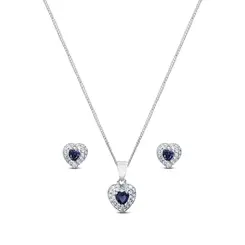 Conjunto Prata Rodinada Coração Cravejado com Zircônia Azul