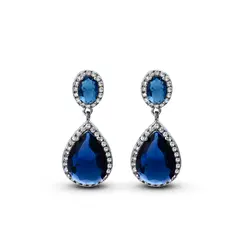 Brinco Banho de Ródio Gota Cravejada Grande Azul