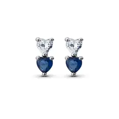 Brinco Prata Dois Corações Zircônia Branca e Azul
