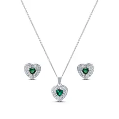 Conjunto Prata Coração Cravejado Zircônia Verde
