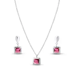 Conjunto Prata Leve Zircônia Quadrada Rosa