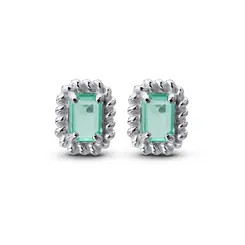 Brinco Prata Retangular Trabalhado Zircônia Verde
