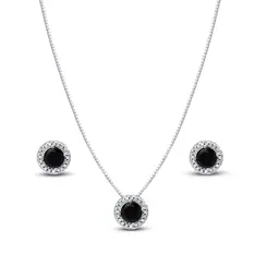 Conjunto Prata Leve Clássico Redondo com Zircônias Preto