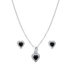 Conjunto Prata Leve Clássico Coração com Zircônias Preto P