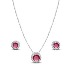 Conjunto Prata Leve Clássico Redondo Zircônias Rosa