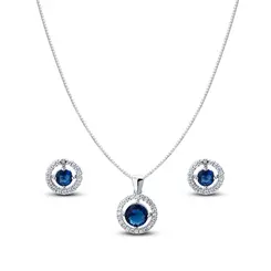 Conjunto Prata Leve Clássico Redondo Zircônias Grande Azul