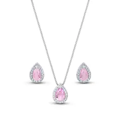 Conjunto Prata Leve Clássico Gota Zircônias Rosa Claro