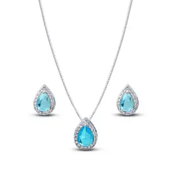 Conjunto Prata Leve Clássico Gota Zircônias Azul