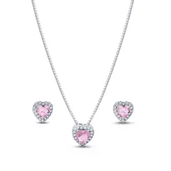 Conjunto Prata Leve Clássico Coração Zircônias Rosa Claro
