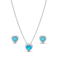 Conjunto Prata Leve Clássico Coração Zircônias Azul