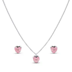 Conjunto Prata Leve Coração em Zircônia Rosa Claro