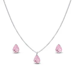 Conjunto Prata Leve Gota em Zircônia Rosa Claro