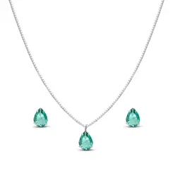 Conjunto Prata Leve Gota em Zircônia Verde Claro
