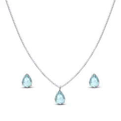 Conjunto Prata Leve Gota em Zircônia Azul Claro