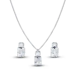 Conjunto Prata Leve Duas Zircônias Quadradas