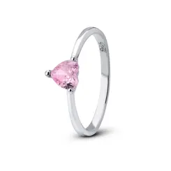 Anel Prata Solitário Coração Rosa