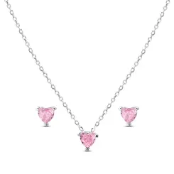 Conjunto Prata Coração Rosa