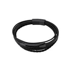 Pulseira Masculina Aço com Couro Quatro Tiras Pretas