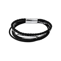 Pulseira Masculina Aço Trançado com Três Tiras em Couro