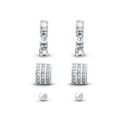 Brinco Prata Leve Trio Meia Argola com Zircônias
