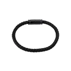 Pulseira Masculina Aço e Couro Trançado Redondo Fecho Magnético