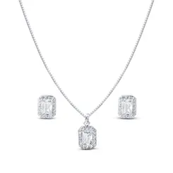 Conjunto Prata Leve Retangulo Clássico Cravejado
