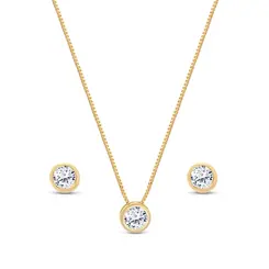 Conjunto Folheado a Ouro 18k Ponto Luz Redondo Caixa Alta