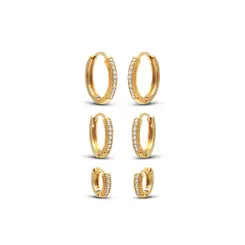 Brinco Folheado a Ouro 18k Trio Argola Click com Zircônias