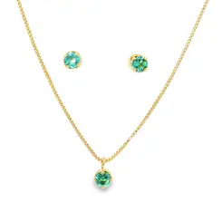 Conjunto Folheado a Ouro 18k Ponto Luz Caixa Alta Zircônia Verde
