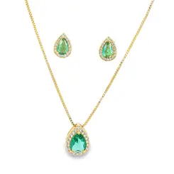 Conjunto Folheado a Ouro 18k Gota Cravejado Verde