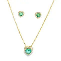 Conjunto Folheado a Ouro 18k Coração Cravejado Verde