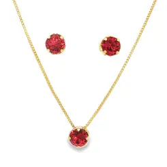 Conjunto Folheado a Ouro 18k Redondo em Zircônia Vermelha