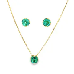 Conjunto Folheado a Ouro 18k Redondo em Zircônia Verde