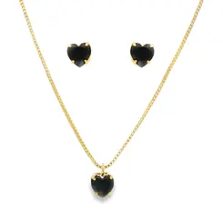 Conjunto Folheado a Ouro 18k Coração em Zircônia Preta