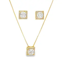Conjunto Folheado a Ouro 18k Quadrado Cravejado