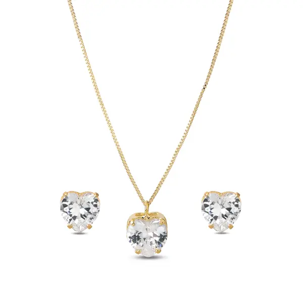 Conjunto Folheado a Ouro 18k Ponto Luz Coração Grande
