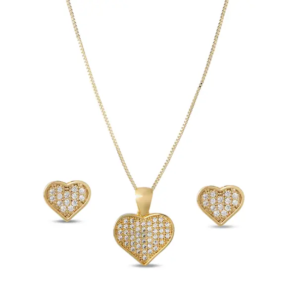 Conjunto Folheado a Ouro 18k Coração Cravejado M