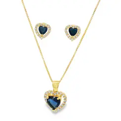 Conjunto Folheado a Ouro 18k Coração Cravejado Zircônia Azul Grande