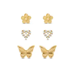 Brinco Folheado a Ouro 18k Infantil Trio Borboleta Coração e Flor