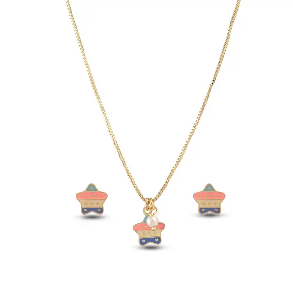 Conjunto Folheado a Ouro 18k Infantil Estrela Colorida