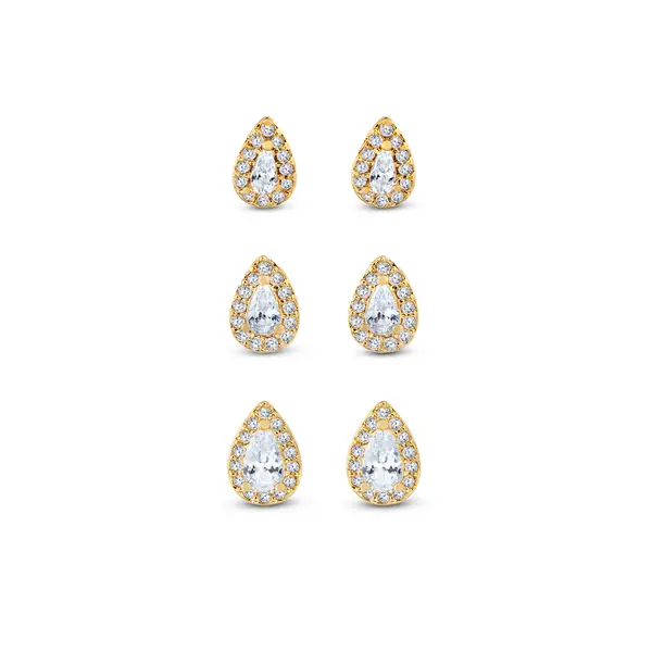Brinco Folheado a Ouro 18k Trio Gotas Cravejadas PP