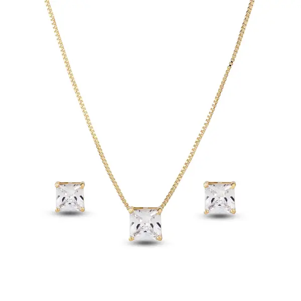 Conjunto Folheado a Ouro 18k Quadrado em Zircônia