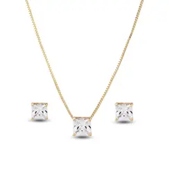 Conjunto Folheado a Ouro 18k Quadrado em Zircônia